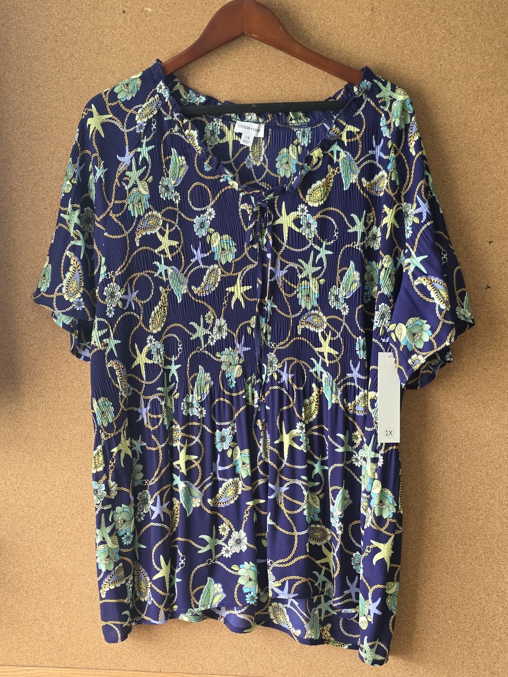 Chloe + Rene NWT Nautical Chain Print Blouse 1X Navy Gold Shells Starfish Co